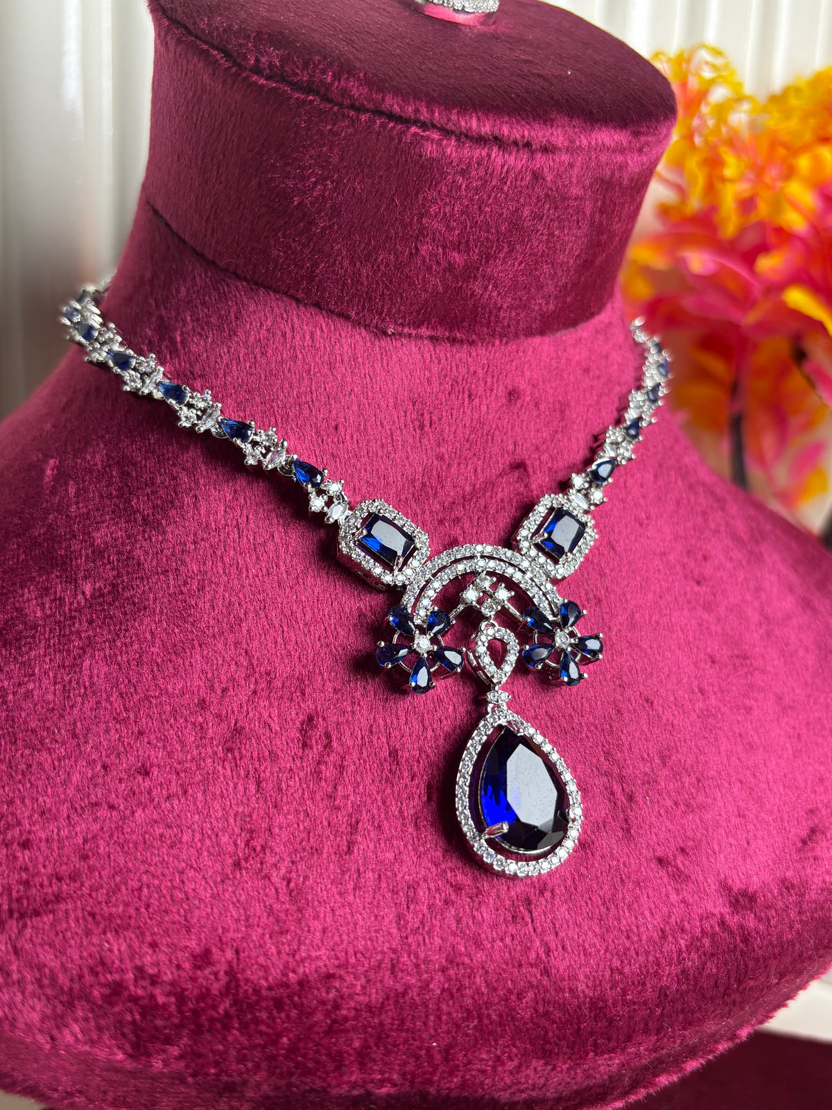 Navy Blue Sapphire-Style Bridal Set – Necklace Earrings Maang Tikka