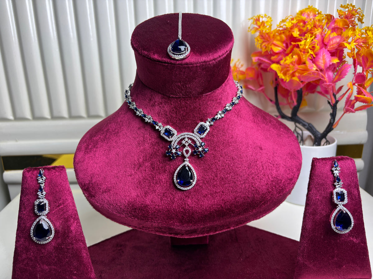 Navy Blue Sapphire-Style Bridal Set – Necklace Earrings Maang Tikka