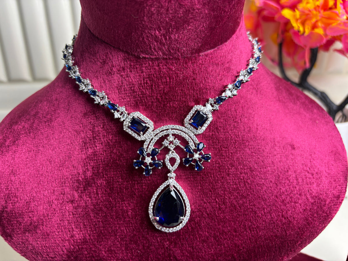 Navy Blue Sapphire-Style Bridal Set – Necklace Earrings Maang Tikka