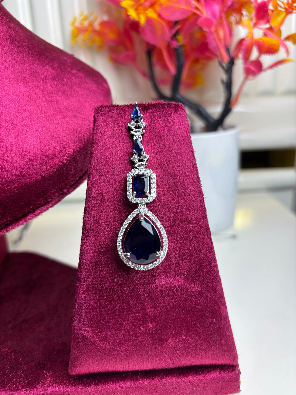 Navy Blue Sapphire-Style Bridal Set – Necklace Earrings Maang Tikka