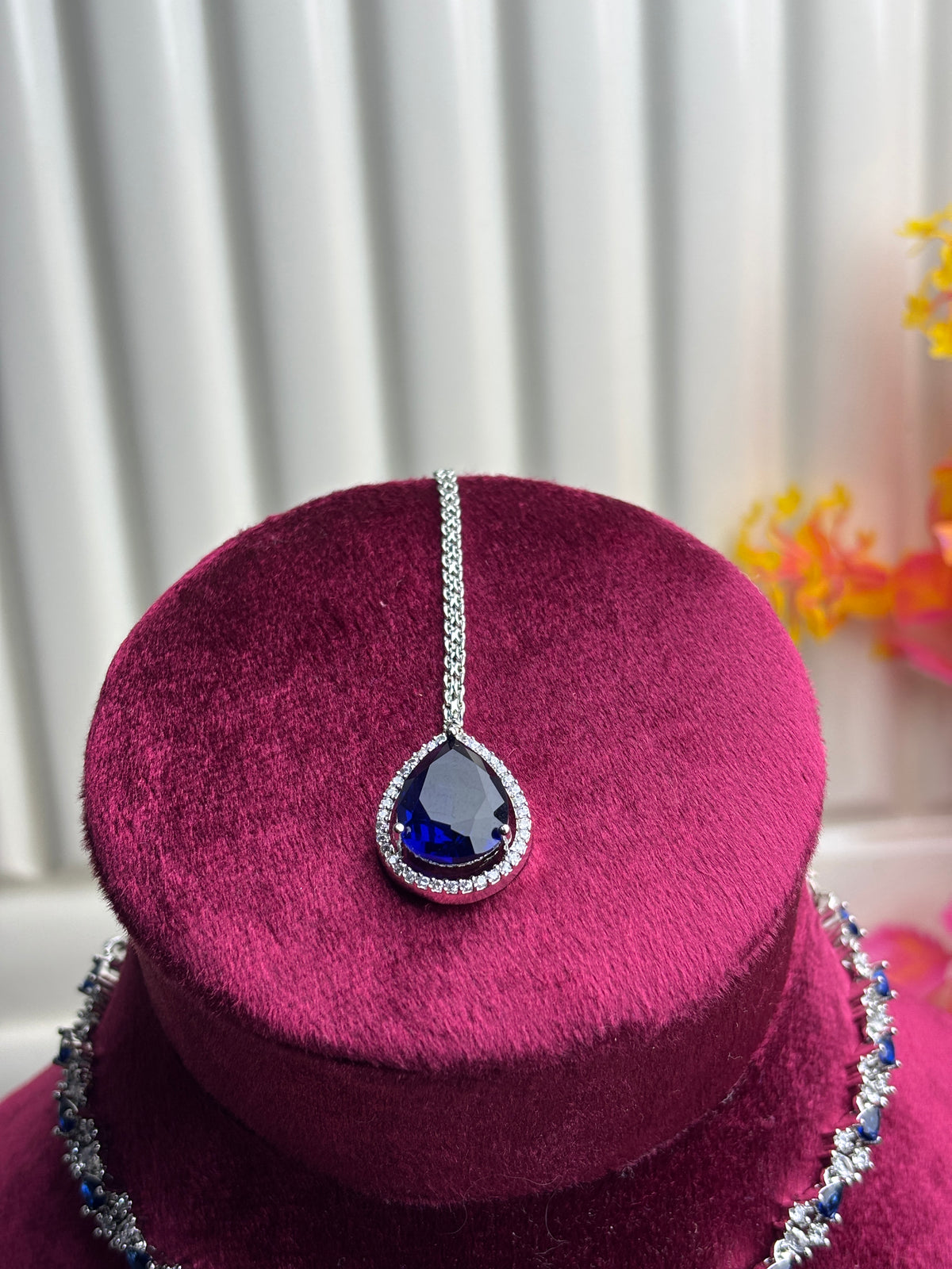 Navy Blue Sapphire-Style Bridal Set – Necklace Earrings Maang Tikka