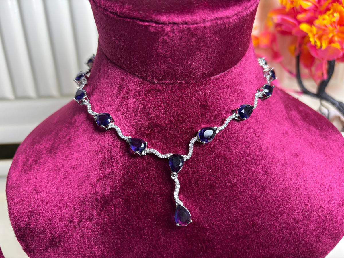 Navy Blue Stone Silver Necklace and Earring Set