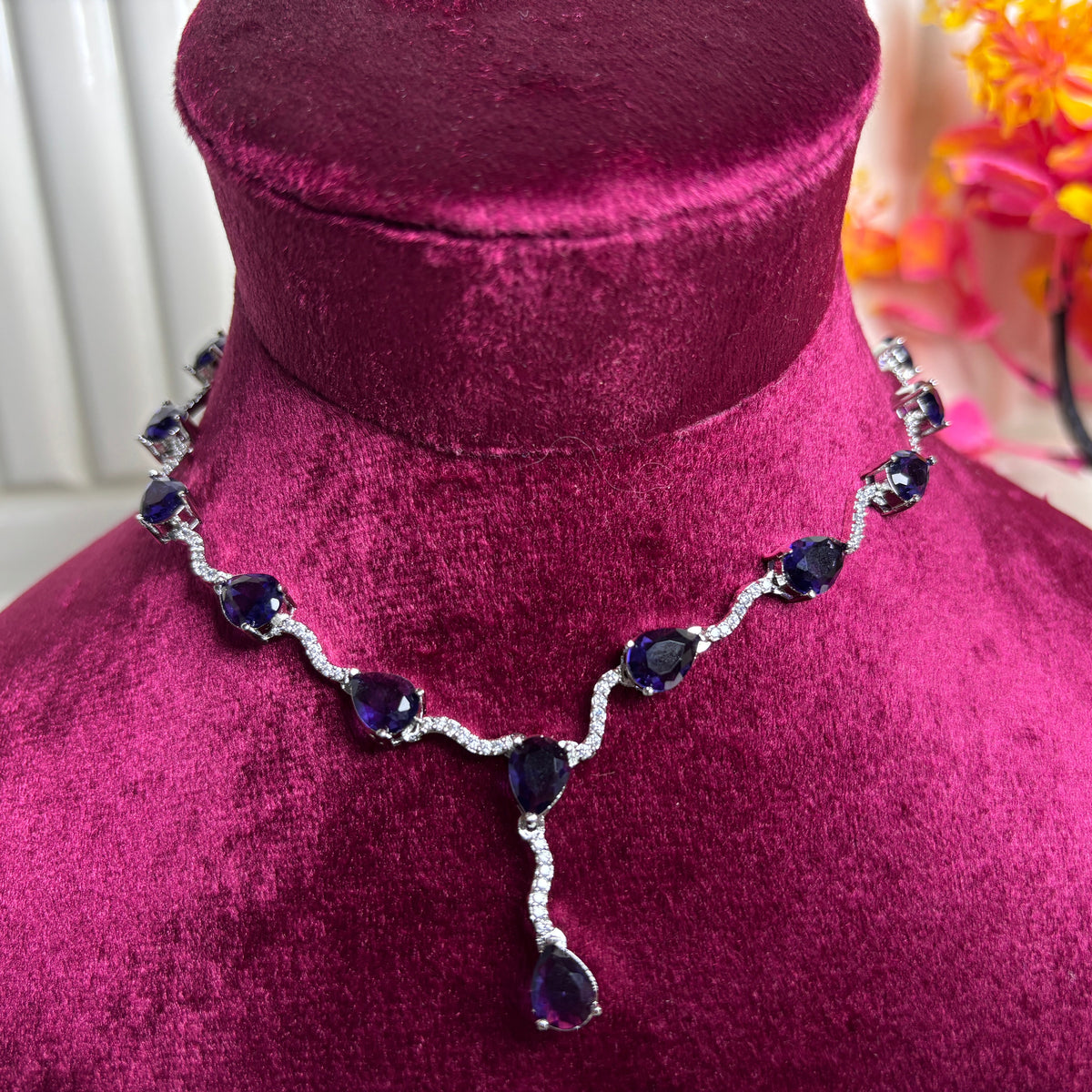 Navy Blue Stone Silver Necklace and Earring Set