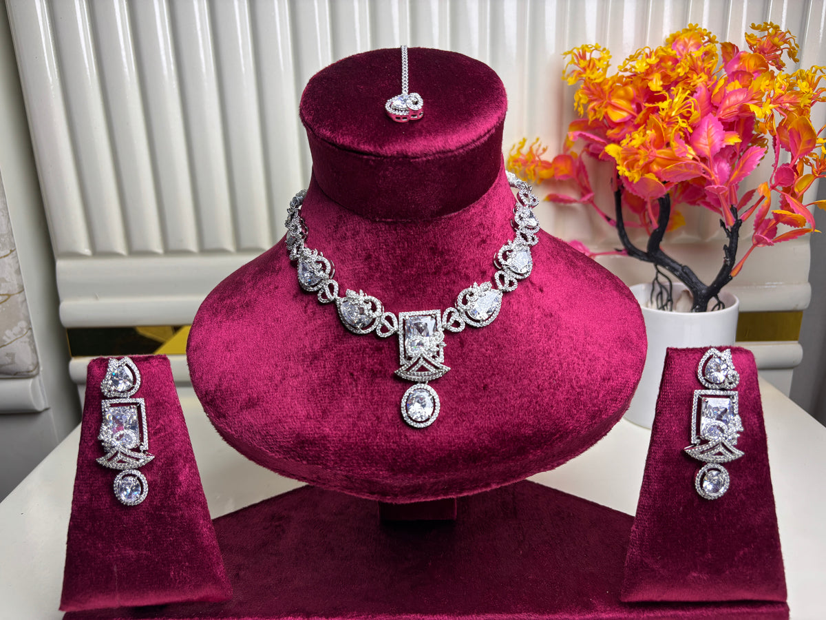 Silver Clear Crystal Bridal Necklace and Earring Set