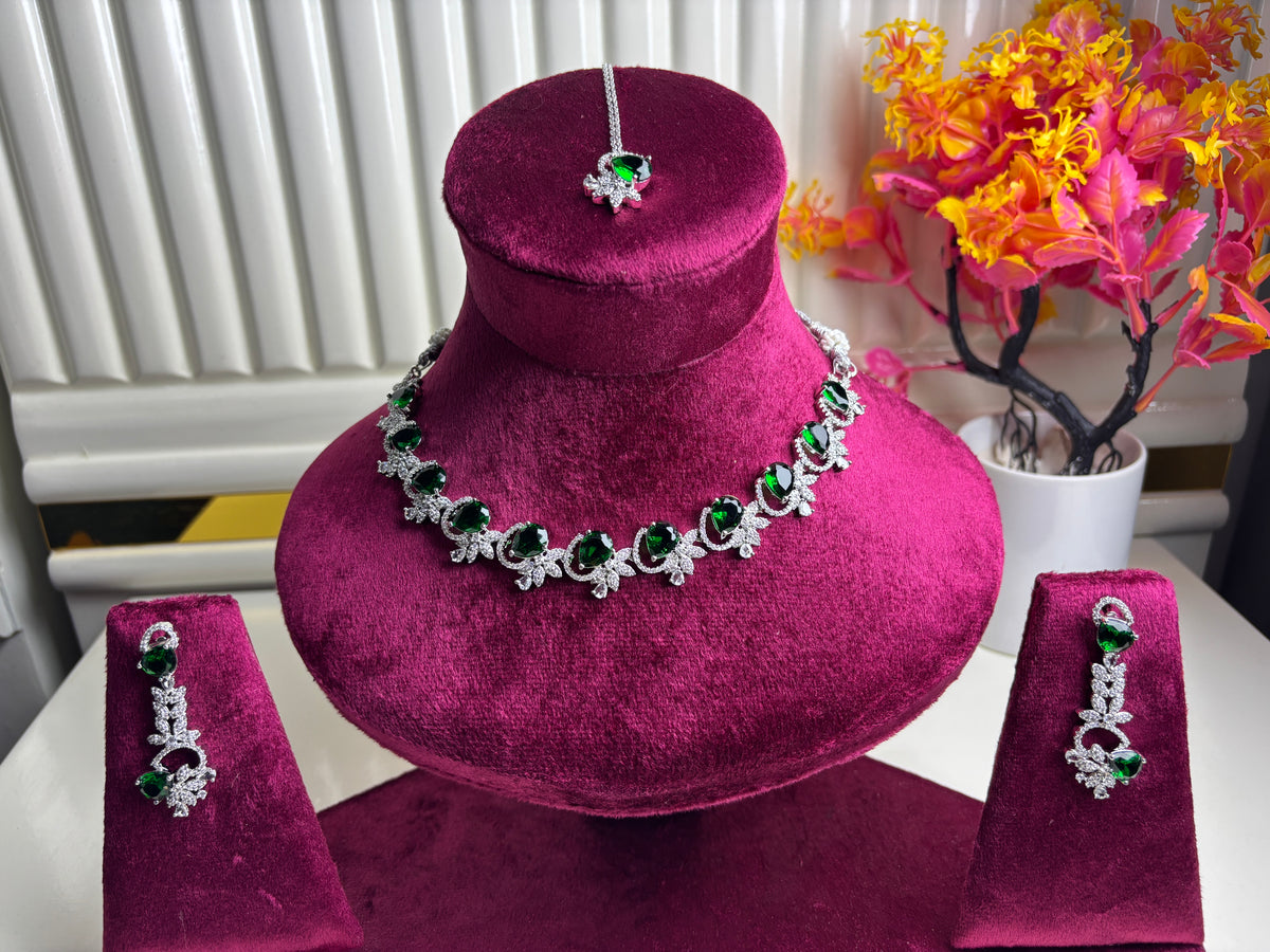 Emerald Green Floral Crystal Collar Necklace and Earring Set