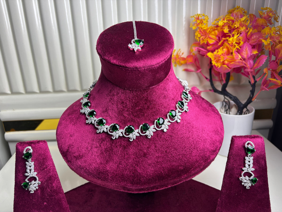Emerald Green Floral Crystal Collar Necklace and Earring Set