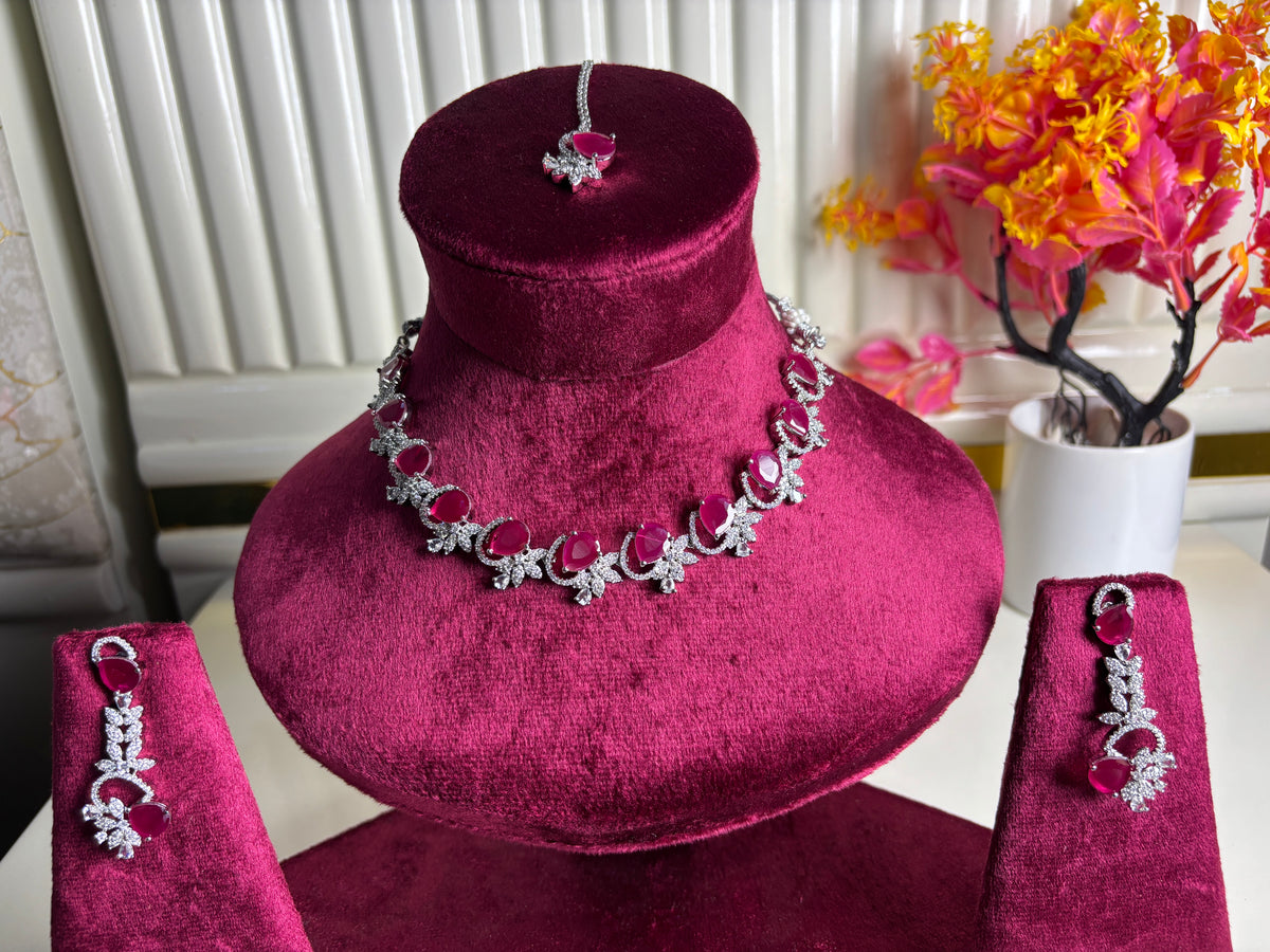 Magenta Pink Floral Silver Necklace and Dangle Earring Set