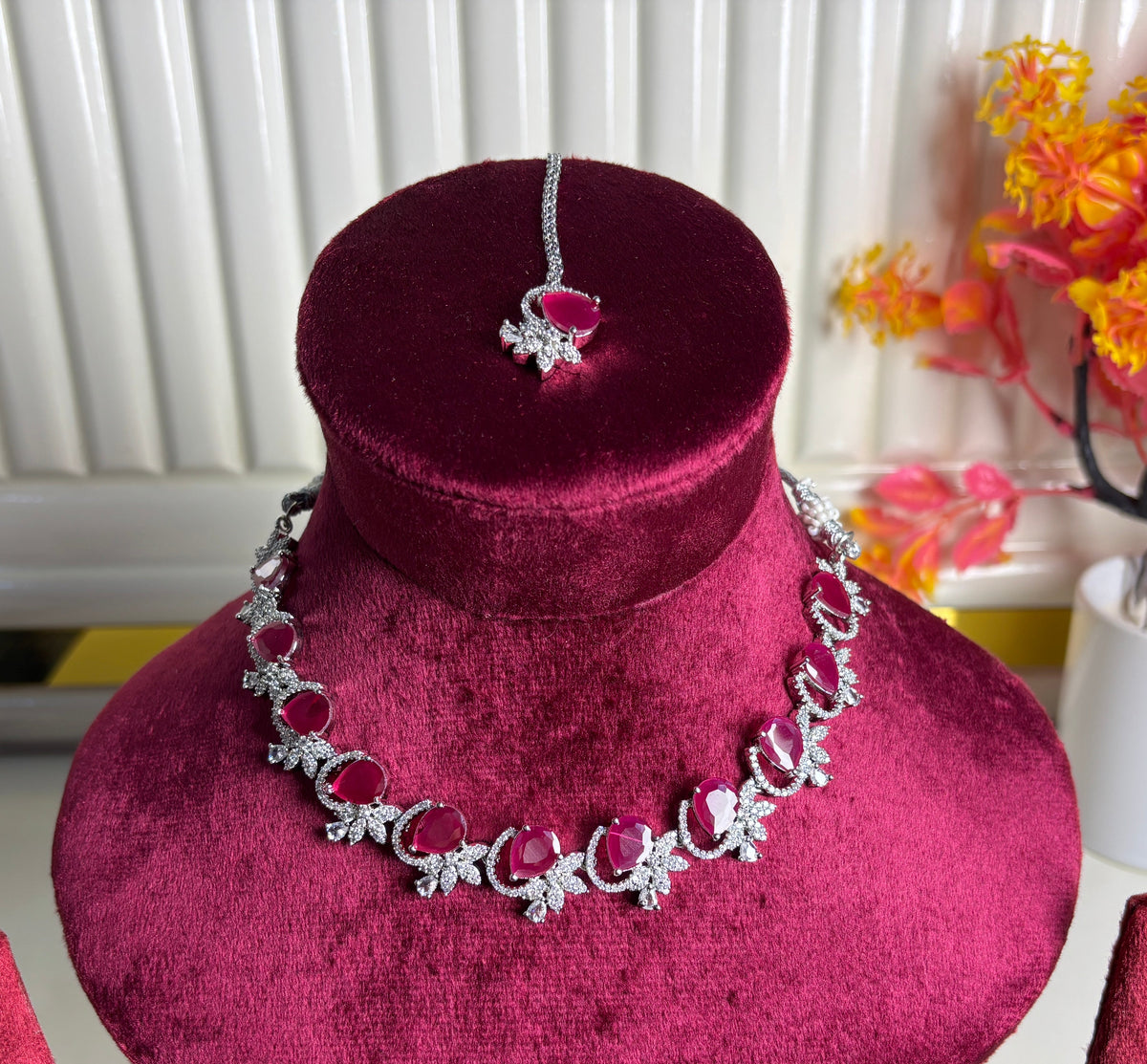 Magenta Pink Floral Silver Necklace and Dangle Earring Set