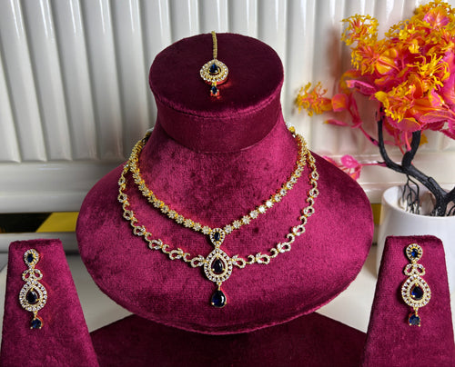 Gold Blue Teardrop Traditional Necklace and Earring Set