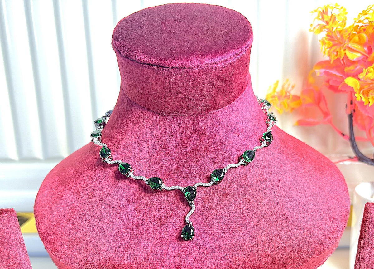 Green Teardrop Stone Necklace and Earring Set