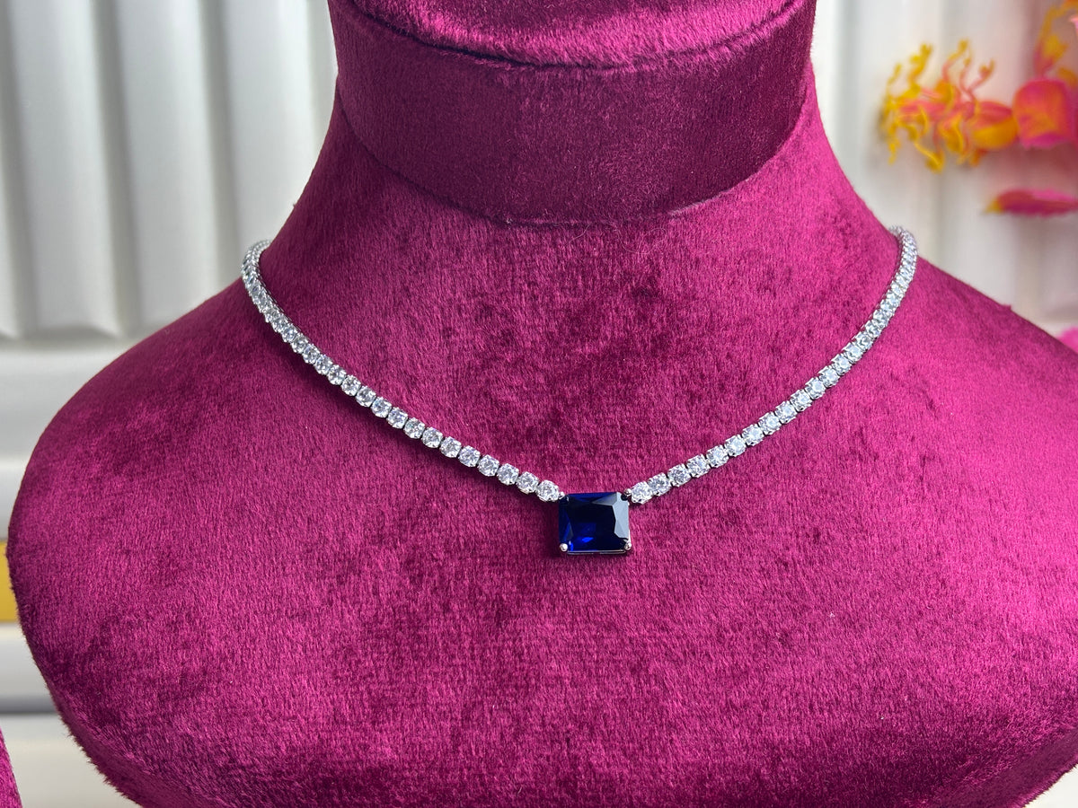 Silver Square Crystal Tennis Necklace with Navy Centre Stone