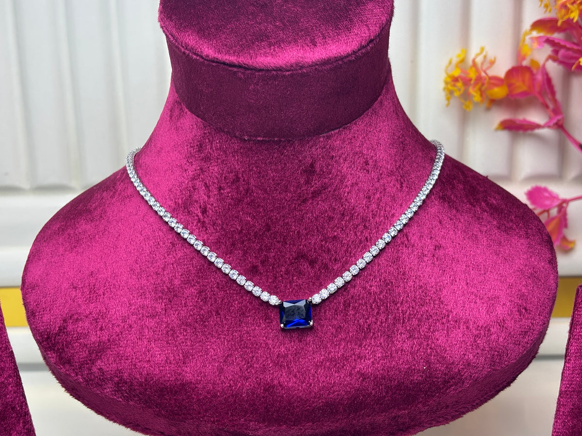 Silver Square Crystal Tennis Necklace with Navy Centre Stone