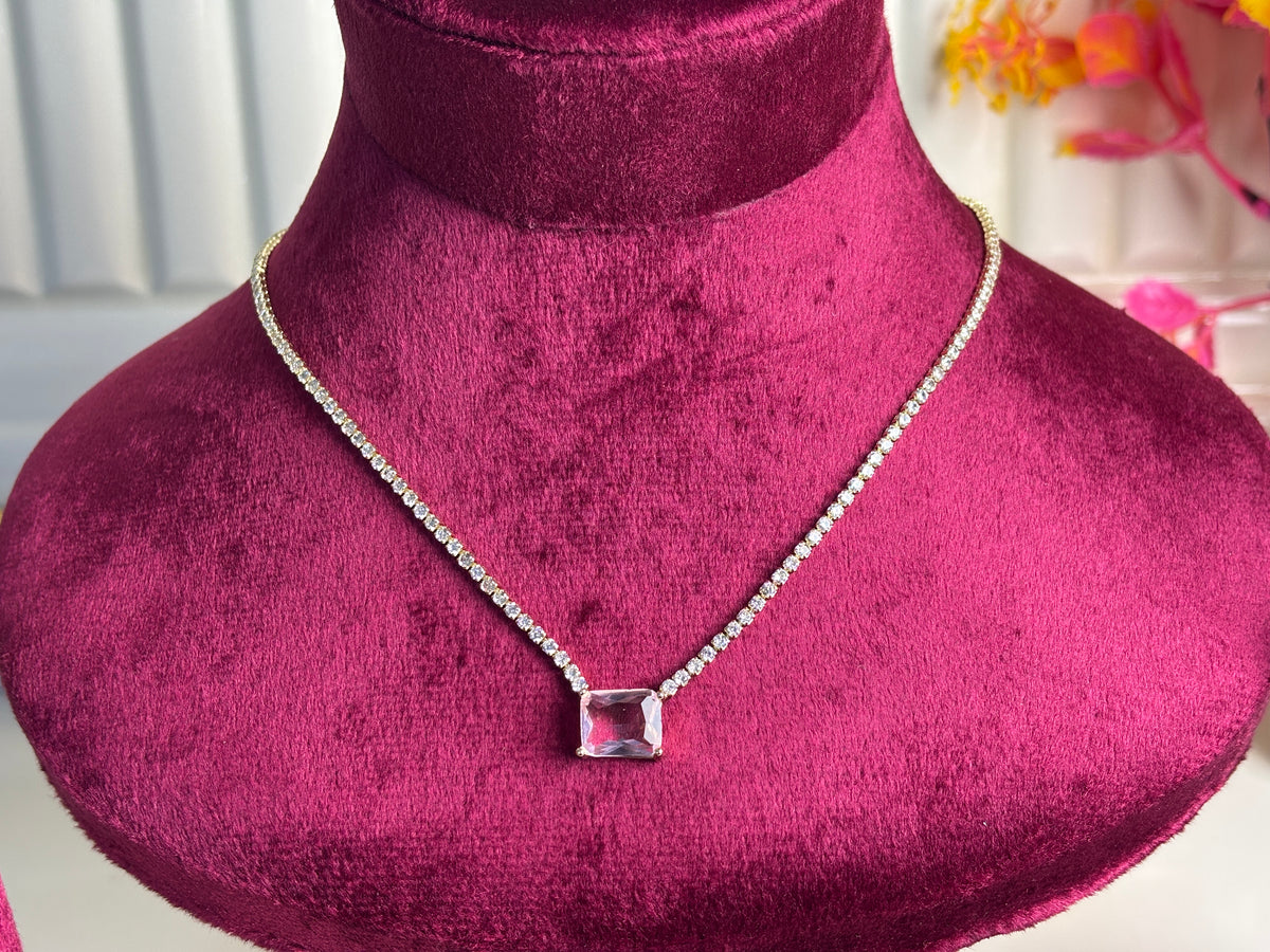 Gold Round Crystal Tennis Necklace with Pink Centre Stone