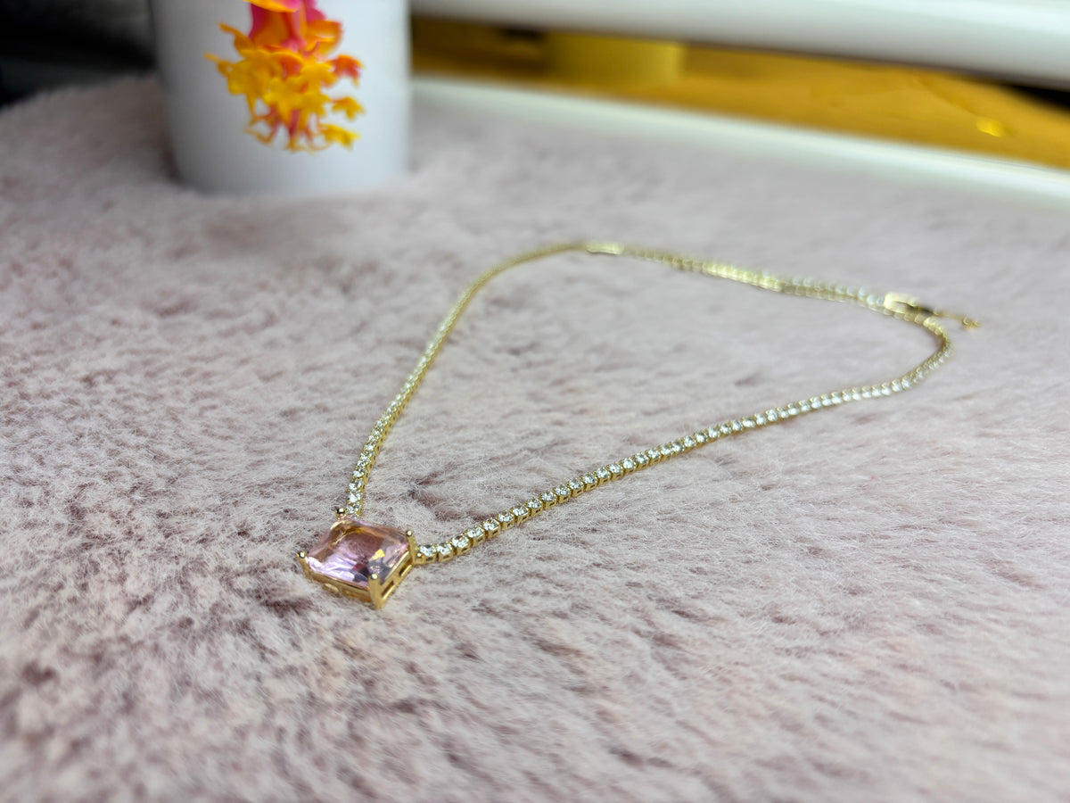 Gold Round Crystal Tennis Necklace with Pink Centre Stone