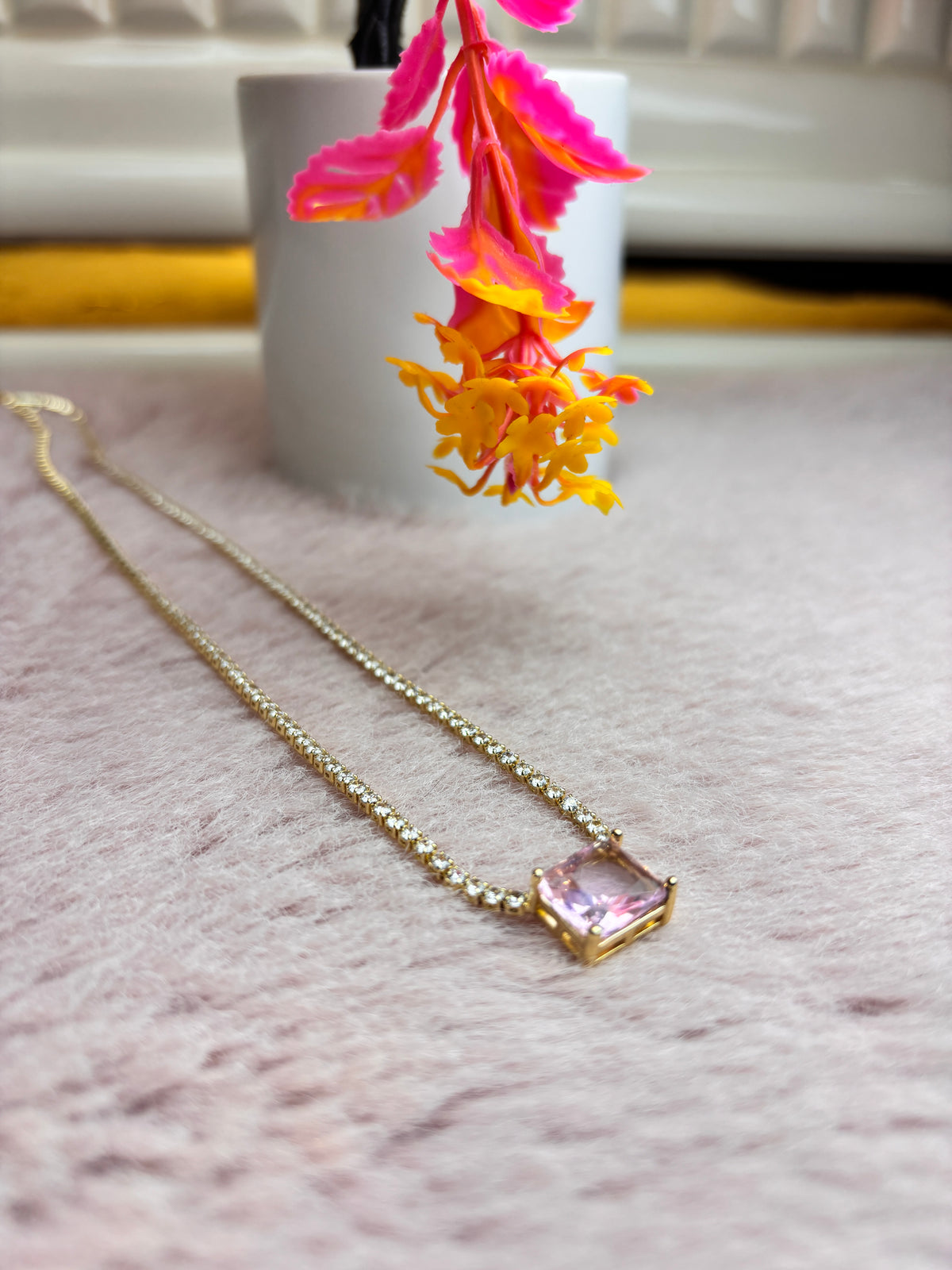 Gold Round Crystal Tennis Necklace with Pink Centre Stone