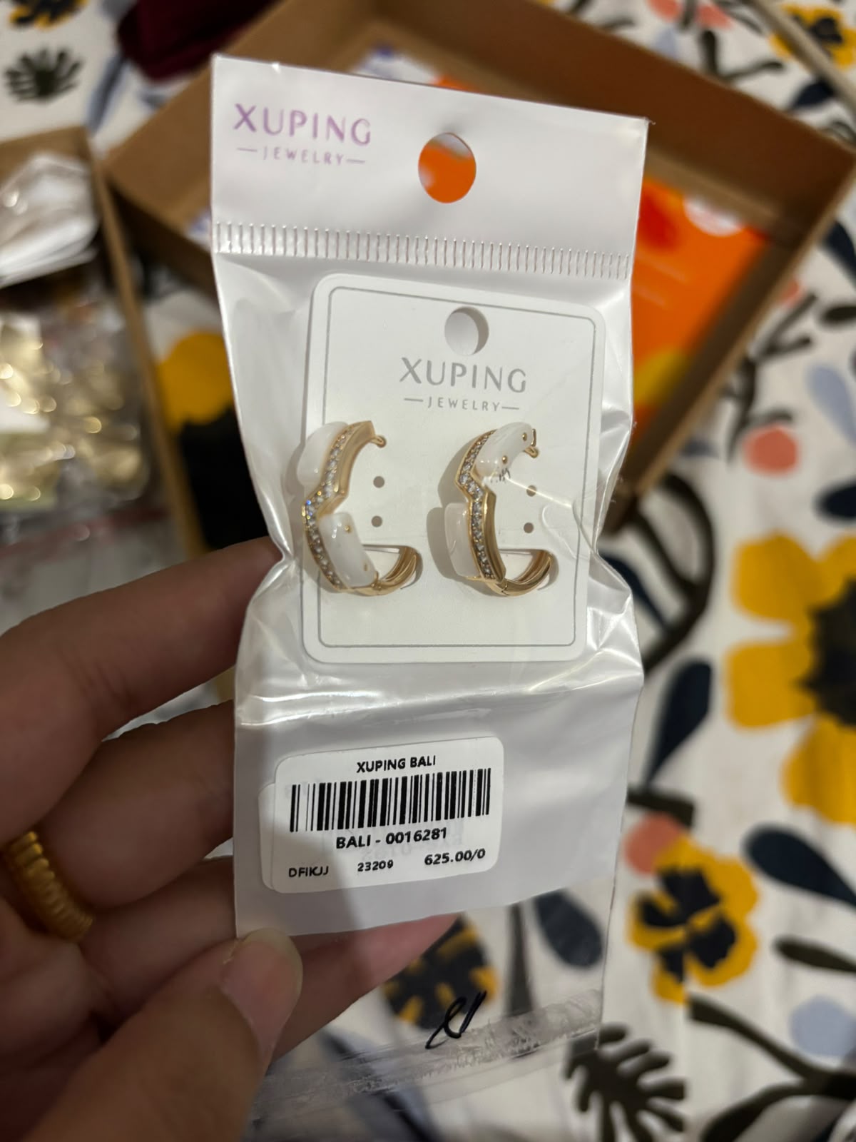 Gold White Enamel and Crystal Wavy Hoop Earrings