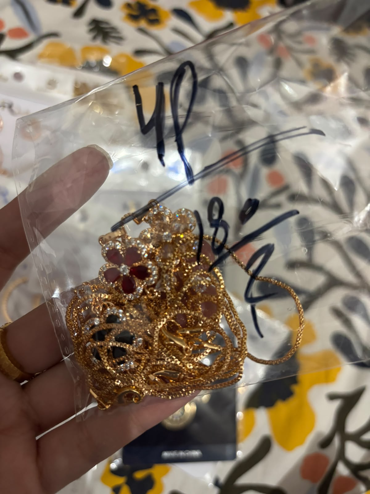 Gold Red Crystal Five-Petal Flower Pendant Necklace
