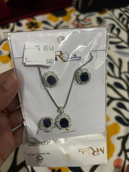 Blue Sapphire-Style Halo 4-Piece Jewelry Set