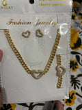 Gold Open Heart Pavé Curb Chain Necklace Bracelet and Earring Set