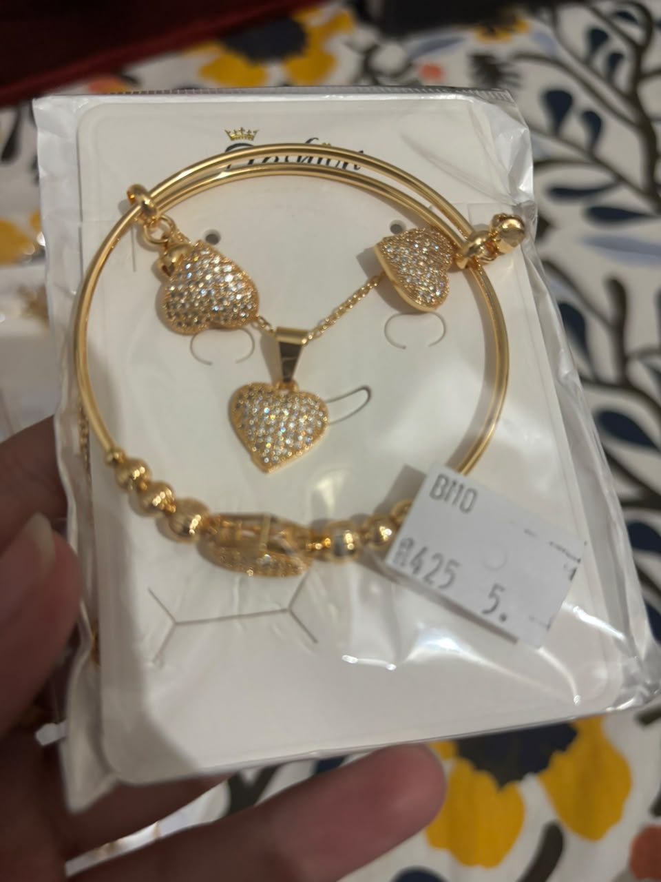 Gold Heart Pavé Necklace Earrings and Beaded Bangle Set