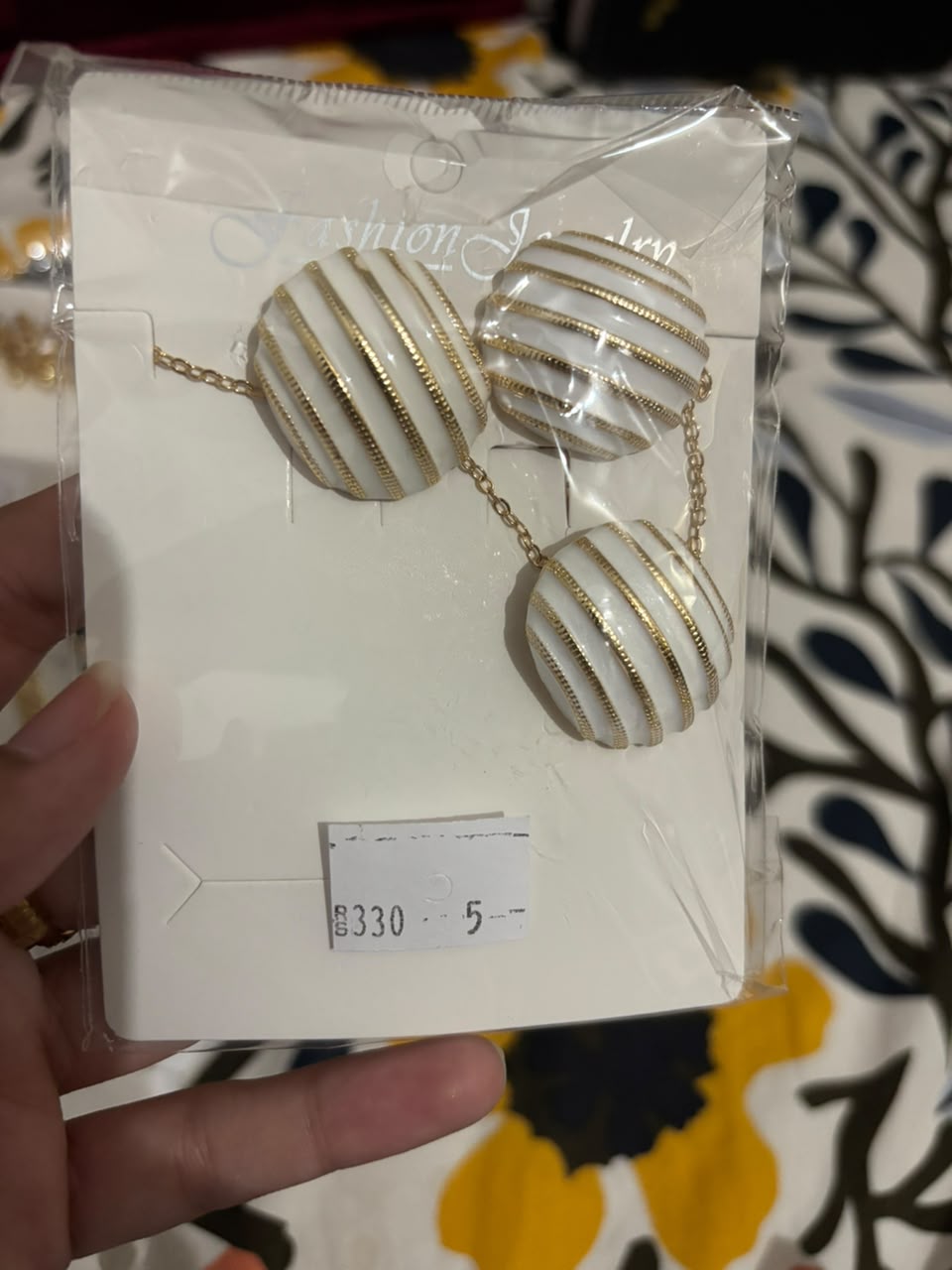 White and Gold Striped Dome Necklace and Earring Set