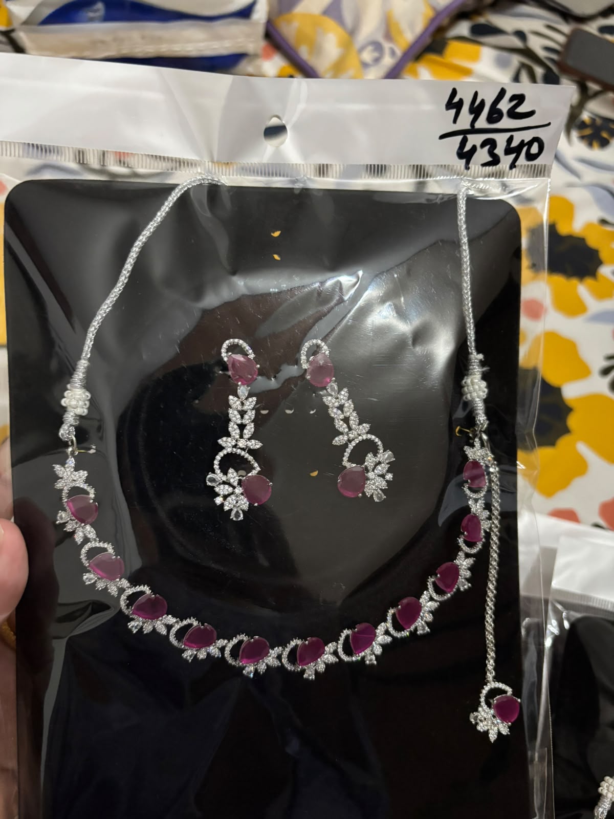 Magenta Pink Floral Silver Necklace and Dangle Earring Set