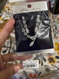 Silver Crystal Flower Cluster Marquise Drop Necklace and Earring Set